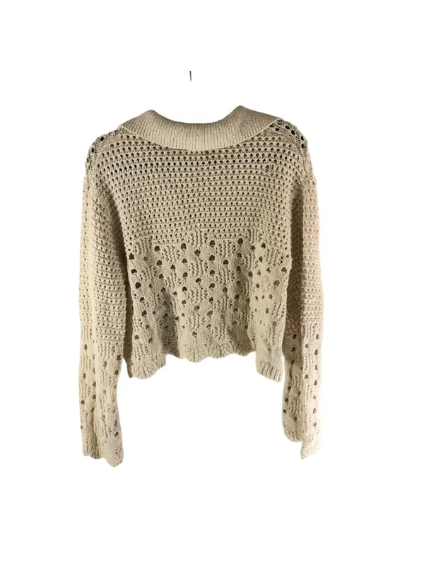 H&M Ivory Knit Cropped Crochet Sweater With V-Neck & Collar Size M 100% Cotton - Image 2