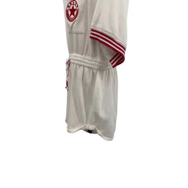 Anthropologie Waffle Knit Romper Varsity Stripe Deep V‎ Back White Red Large - Image 9