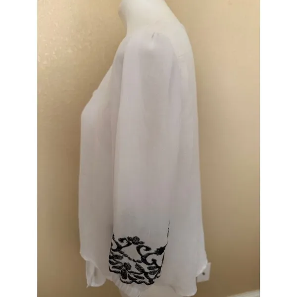 Olivia & Martin White V-Neck Tie-Front Blouse with Black Embroidered Sleeves - Image 3