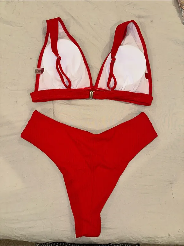 SHEIN Red V-Front Ribbed Bikini Set - Image 2