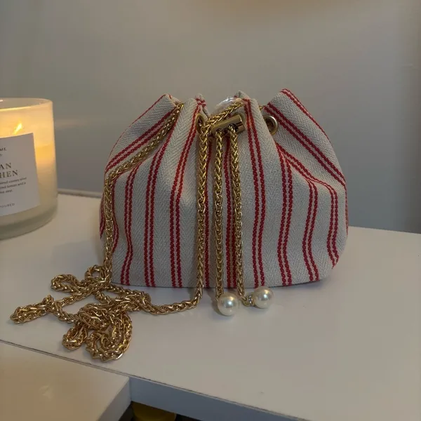 Striped Red and White Linen Bucket Bag - Image 3