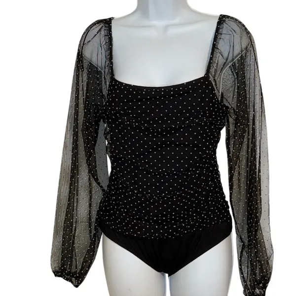 LE LIS COLLECTION Dina Black Swiss Dot‎ Sheer Sleeve Square Neck Bodysuit Medium - Image 2