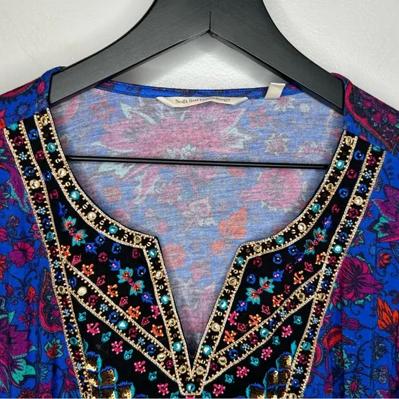Soft Surroundings Blue Tamuri Embroidered Beaded Boho Tunic Top‎ Size M - Image 5