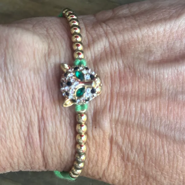 Jeweled Jaguar Macrame Bead Bolo Bracelet Green - Image 6