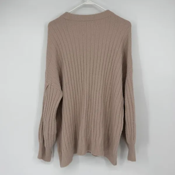 Aerie Women's M Taupe Fuzzy Ribbed Oversized Crewneck Pullover Sweater - Image 2