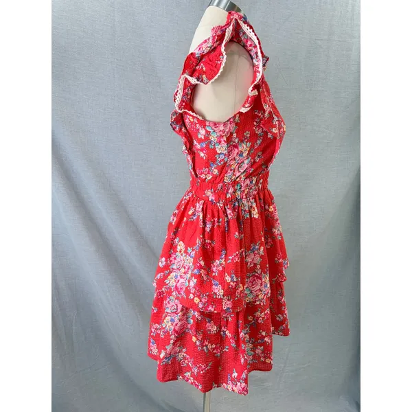 Betsey Johnson Mini Dress Red Floral Tiered Ruffle Lace Trim XS - Image 7