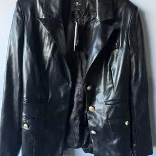 7 For All Mankind Womens Black Vegan Faux Leather Blazer Gold Buttons Size M NEW - Image 2