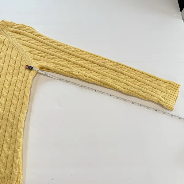 LL Bean Butter Yellow Cable Knit Cotton Button Up Cardigan Sweater Size SMALL - Image 6