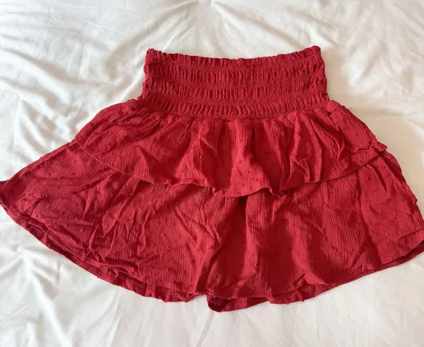 Altar’d State Burgundy Pleated Dot Ruffle Mini Skirt Size Small - Image 2