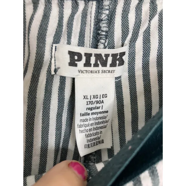 PINK Pajama Set Womens XL Green White Striped Excellent Velvet Trim Cotton Blend - Image 9