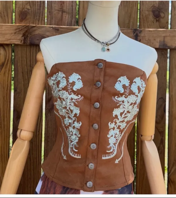 Lucky & Blessed Camel Stretch Suede Floral Embroidered Top - Image 6