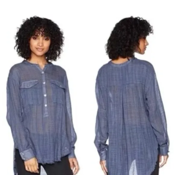 Free People Talk To‎ Me Popover Gauze Tunic Shirt Blouse XS sheer blue Boho - Image 2