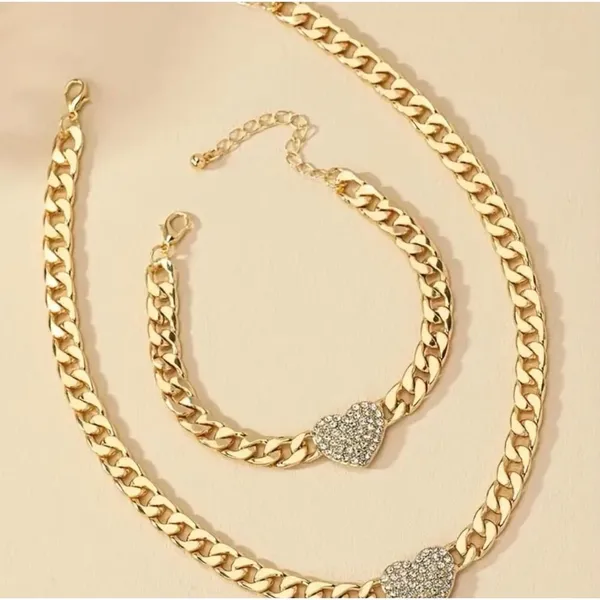 Gold Plated Chain Necklace & Bracelet Set With Rhinestone Heart - Image 3
