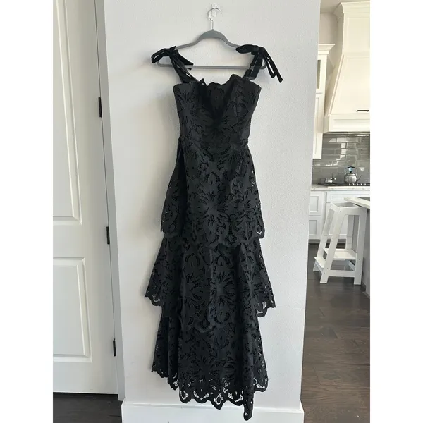 MESTIZA Cataleya Lace Floral Eyelet Tie Straps Black Midi Dress Sample - Image 7