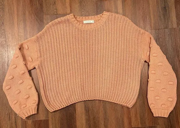 Moon & Madison Boho Cozy Knit Cropped Sweater Small Blush Pink - Image 2