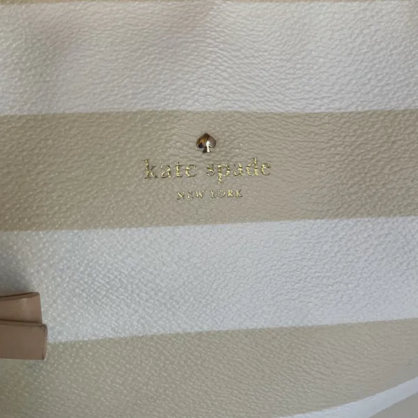Kate Spade New York Striped Tote Bag Cream Beige Spade Charm Bow Shopper - Image 4