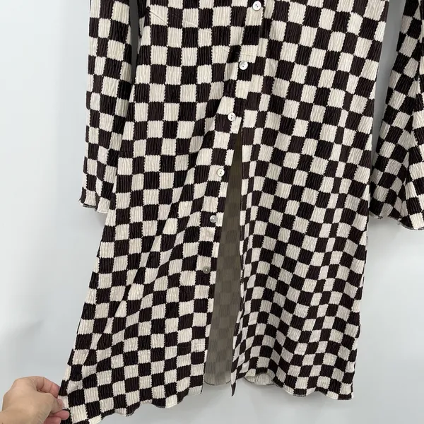 Eb Luxe Checkered Blouse Open Tunic Button Down M Long Sleeve Boho Western M Brown Size M - Image 5