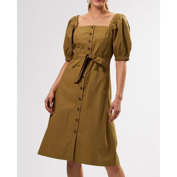 Amour Vert Square Neck Button Front Dress in Elm 100% Cotton - Image 13