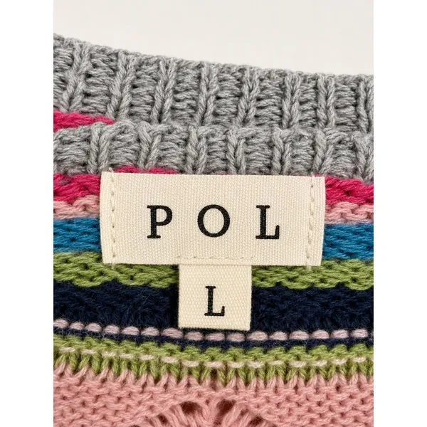 POL Crochet Knit Crop Top Large Gray Stripe Boho Bohemian Festival Open Shirt - Image 4
