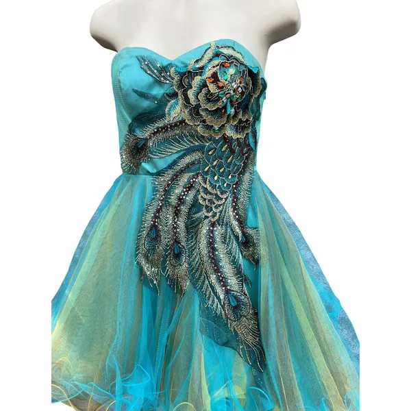 Whimsigoth Peacock Beaded Embroidered Corset Tulle Mini Dress Dave & Johnny Sz 0 - Image 7