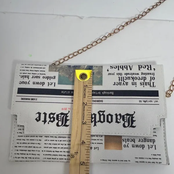 Befet Bay Newspaper Print‎ Envelope Clutch Crossbody Bag Gold Chain White Black - Image 8