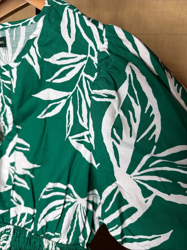 Meadow Rhodes Green White Tropical Leaf Cotton Midi Dress Size Small - Image 6