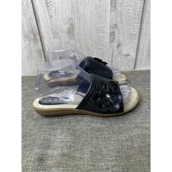 Womens Black Slide On Sandals Size 7 With Flower Rhinestone Detail Open Toe - Image 2