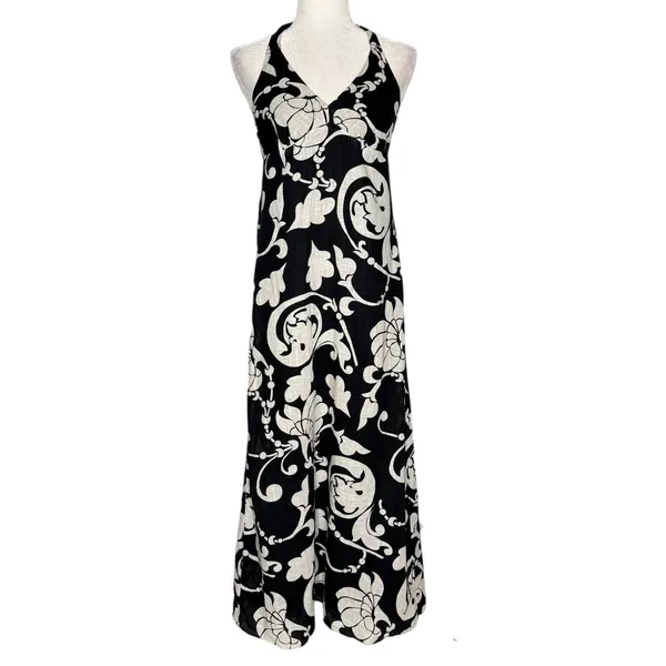 Y2K Old Navy Floral Maxi Dress Black White S Linen Blend Babydoll‎ Halter Beachy - Image 3