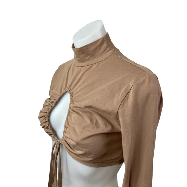 Isalis Womens Brown Tan Cutout Ruched Tie Keyhole Knot Mock Neck Crop Top Size M - Image 3