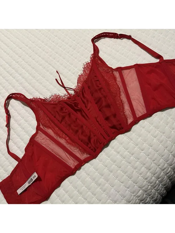 Victoria’s Secret Dream Angels Red Corset Bustier Long Line Bra Lace Sz M - DD - Image 7