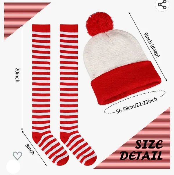Red and white Beanie, Stripped Socks Costume for women Pompom Cuff beanie - Image 3