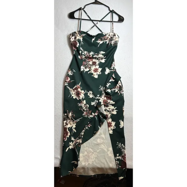 Windsor Green Floral Cowl Neck Ruffle Slit Midi Dress NWT Medium - Image 3