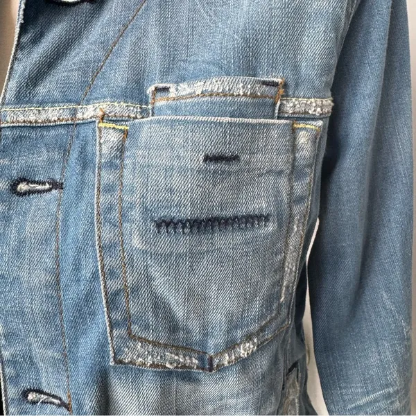 Yanuk Distressed 6 Pocket Distressed Denim Blue Jean Jacket Y2K size Small‎ - Image 4