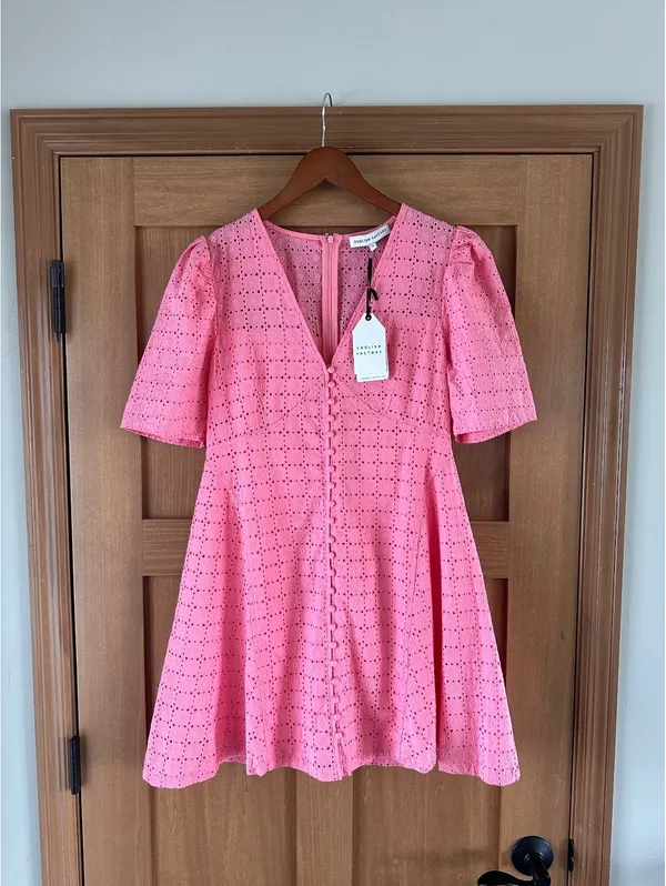 NWT English Factory Broderie Lace Puff Sleeve Mini Dress in Pink Women’s Medium - Image 14