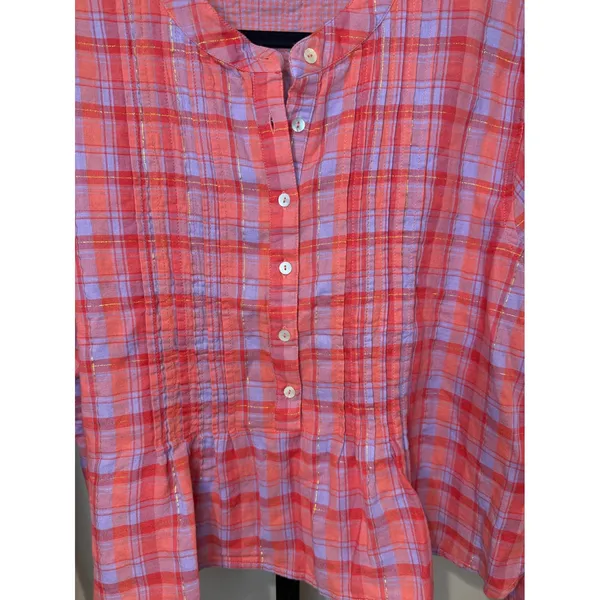 Natural Life Pink Purple Plaid Pintuck Blouse Gold Metallic Cotton Top Medium - Image 3