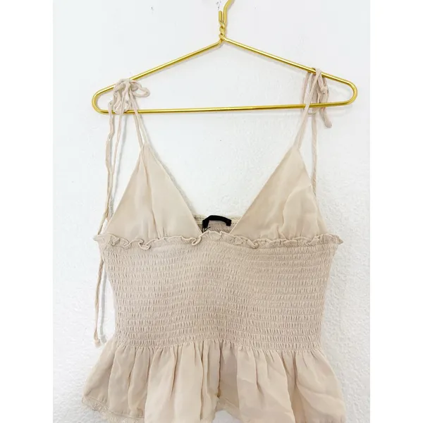 NWT Zara Tan Smocked Tie Straps Lace Trim Top Size Medium 0881/010 - Image 9