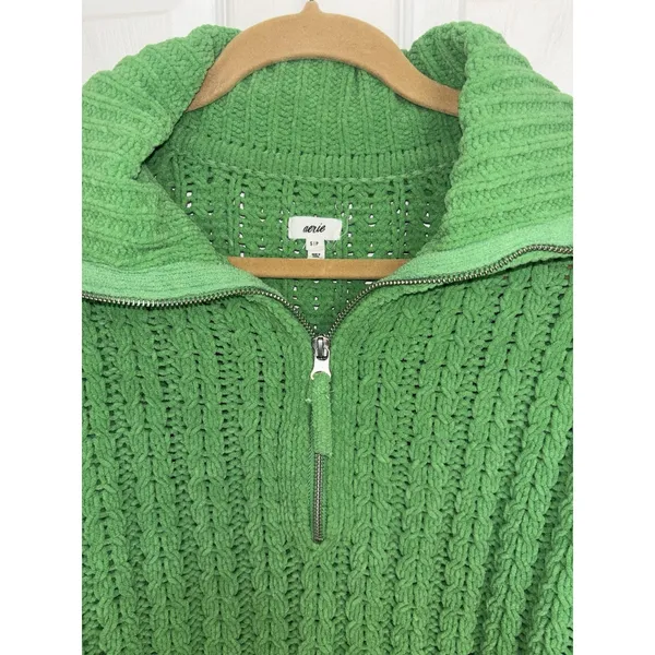 Aerie Kelly Green Cable Car Quarter Zip Sweater Oversized S Chenille - Image 4