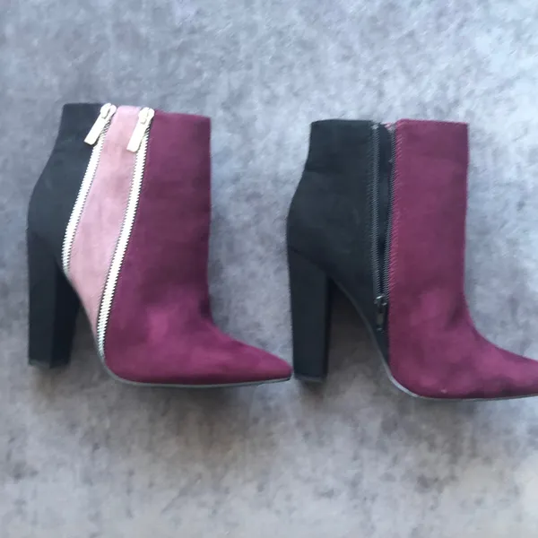 JustFab Burgundy, Blush & Black Suede Block Heel Ankle Boots - Image 2