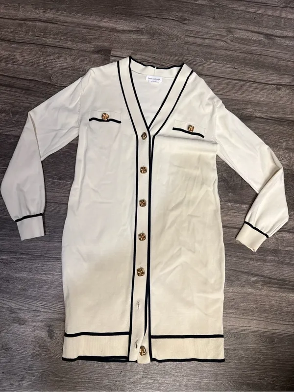 Lovers + Friends XS Cream Black Trim Gold Button Cardigan Sweater Dress - Image 2