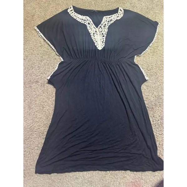 Forever‎ Black Crochet Lace V-Neck Empire Waist Boho Mini Dress Tunic Women - Image 2