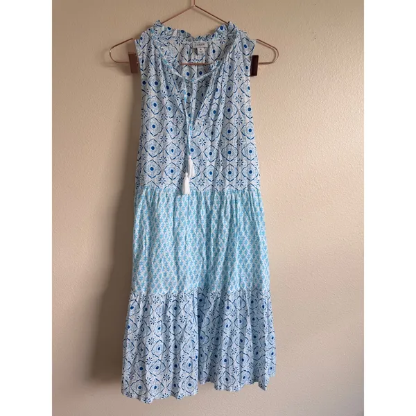 J.Crew Dress Womens Medium Blue Tiered Sleeveless Block‎ Print Midi AW732 Boho - Image 2