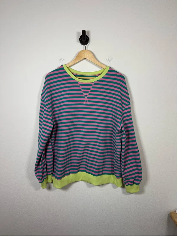 Pink Teal Striped Cotton Blend Crewneck Sweatshirt Size M - Image 2