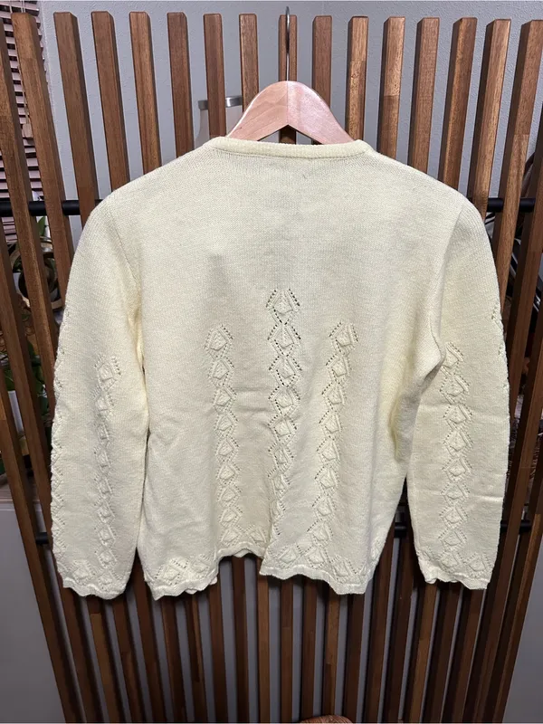Vintage Handmade Butter Yellow Diamond Pointelle Cardigan Sweater Scalloped Hem - Image 8