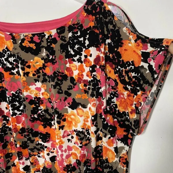 Evan-Picone Dress Size 4 Floral Taupe/Black/Pink Cold Shoulder - Image 4