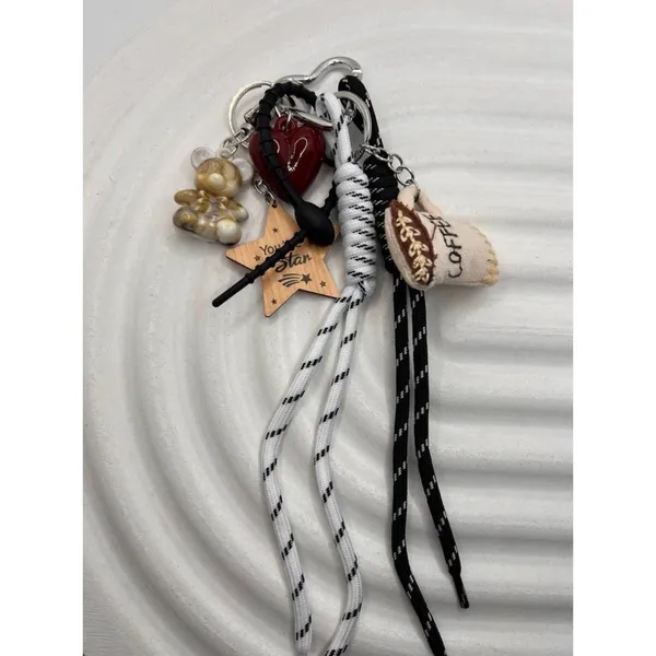 Cute Coffee Cup & Bear Keychain Set with Heart‎ Charm and Ropes – Aesthetic Bag - Image 3