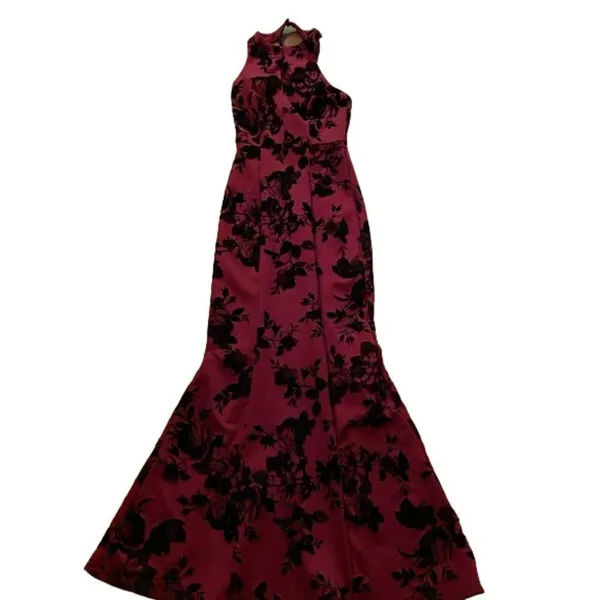 Teeze Me Vintage Red Formal Halter Mermaid Dress Juniors 1 Velvet Floral USA - Image 5