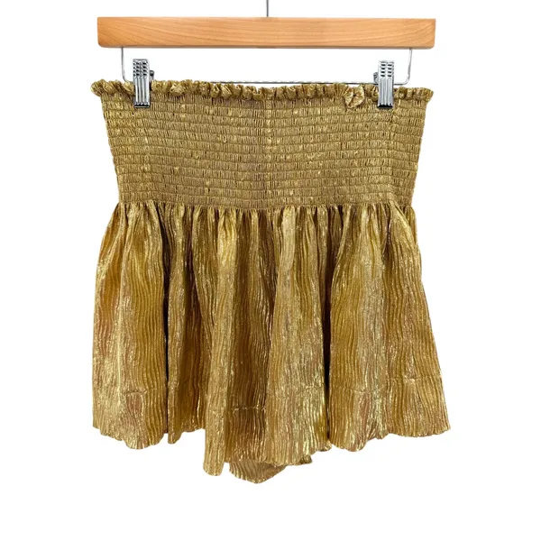 Queen of Sparkles Gold Metallic Smocked Waist‎ Pleated Shorts Womens Medium - Image 2