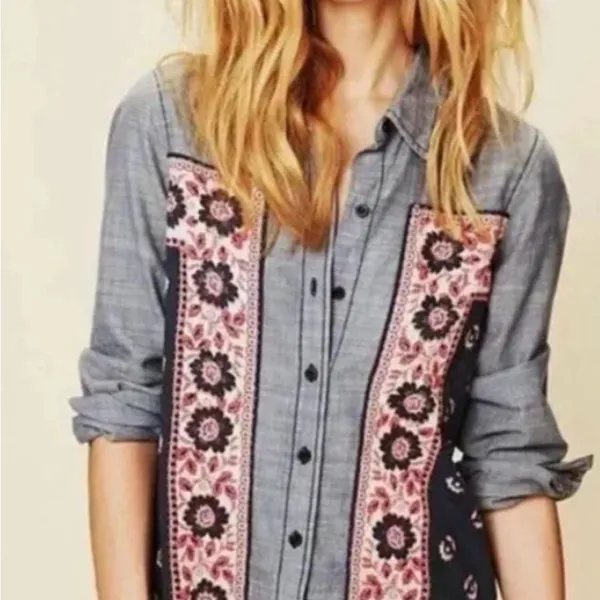 Free People Born Free Bandana Print Chambray Western Shirt - Image 3