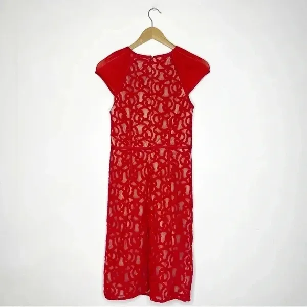 Adrianna Papell Dress Women's Cap Sleeve Red Tonal Piped Lace Knee Length Size 8 - Image 7