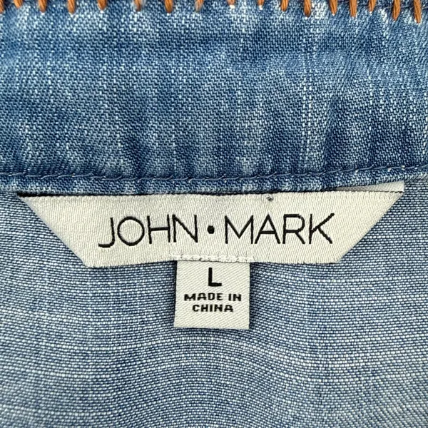 John Mark Embroidered Denim Linen‎ Top L Blue Floral Boho Bell Sleeve Fringe EUC - Image 6